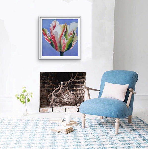 Original painting of variegated white red & green tulip on sky blue background by Anita Nowinska