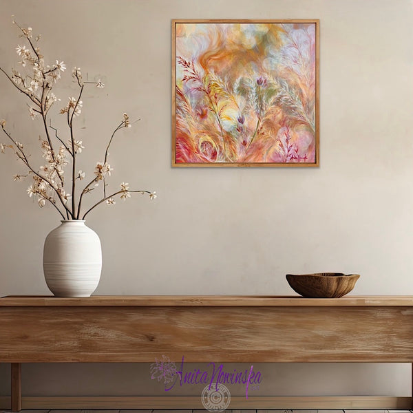 Abstract meadow painting of swaying grasses in warm tones * sun dapples by anita nowinska