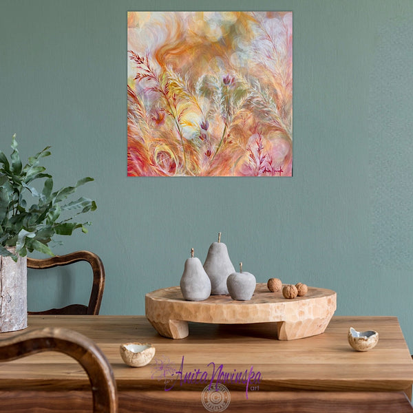 Abstract meadow painting of swaying grasses in warm tones * sun dapples by anita nowinska