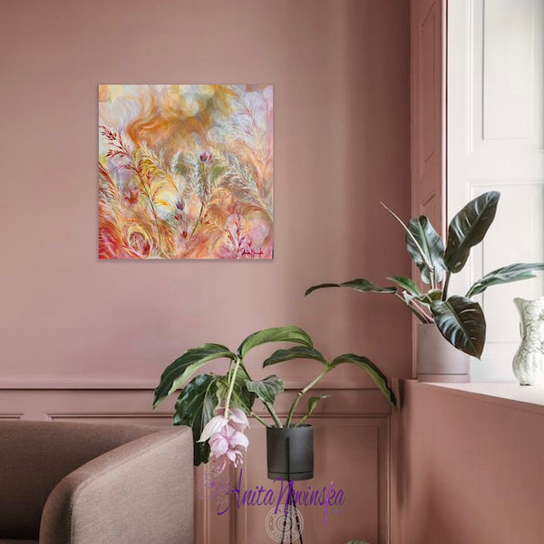 Abstract meadow painting of swaying grasses in warm tones * sun dapples by anita nowinska