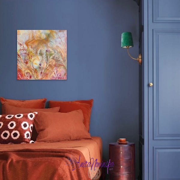 Abstract meadow painting of swaying grasses in warm tones * sun dapples by anita nowinska