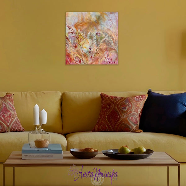 Abstract meadow painting of swaying grasses in warm tones * sun dapples by anita nowinska