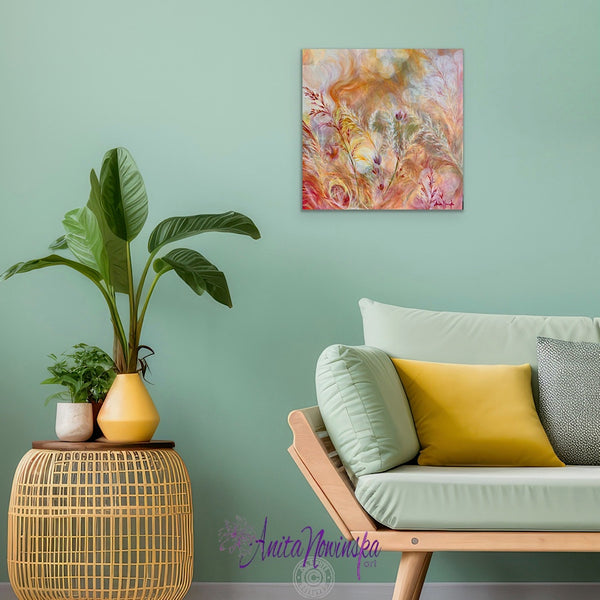 Abstract meadow painting of swaying grasses in warm tones * sun dapples by anita nowinska