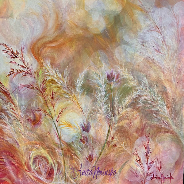 Abstract meadow painting of swaying grasses in warm tones * sun dapples by anita nowinska