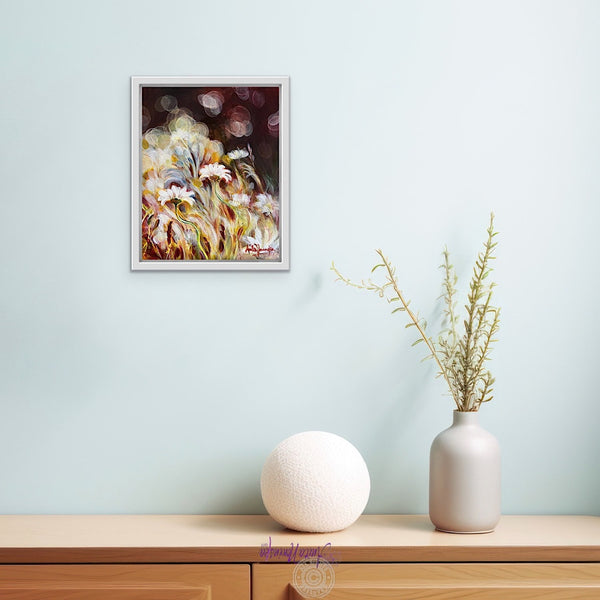 Daisy Gold is a small framed oil painting of daisies in a meadow with  dappled sunlight by anita nowinska art.JPEG