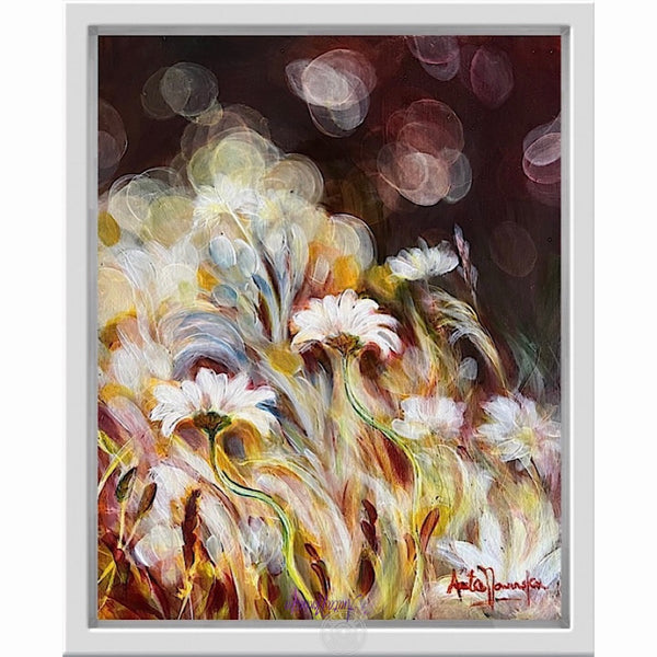 Daisy Gold is a small framed oil painting of daisies in a meadow with  dappled sunlight by anita nowinska art.JPEG