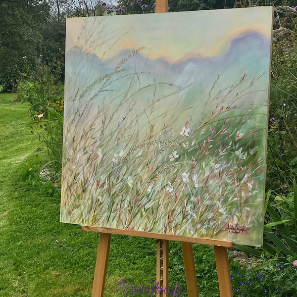 Equilibrium - meadow painting acrylic on canvas  in pale pastel colours by Anita Nowinska Art for well being