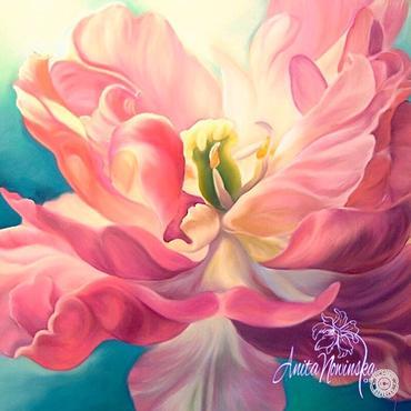 First crush, flower painting of pink tulip by Anita Nowinska