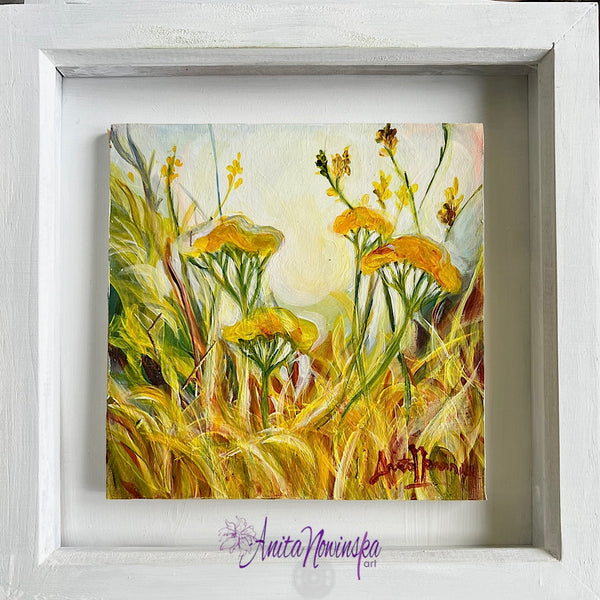 small framed miniature paintings of yellow yarrow flowers  in a meadow by Anita Nowinska contemporary art