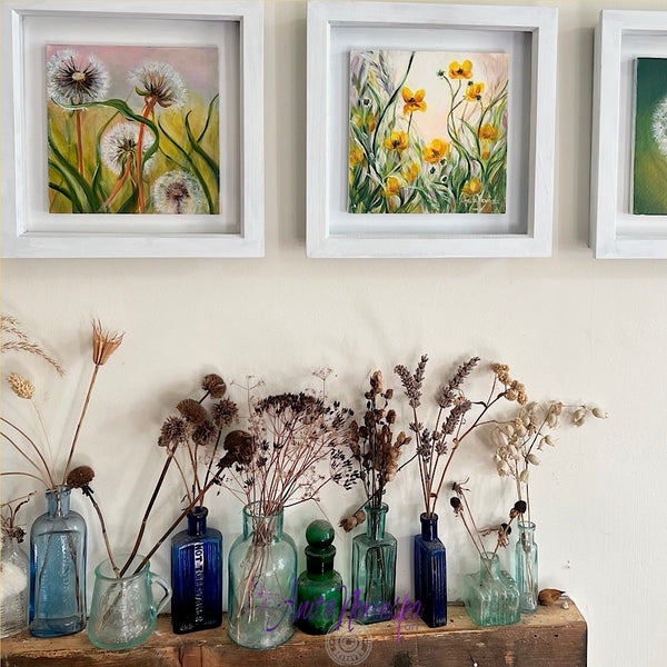 small framed miniature paintings of mwadows dandelion clock seed heads and buttercups by Anita Nowinska contemporary art
