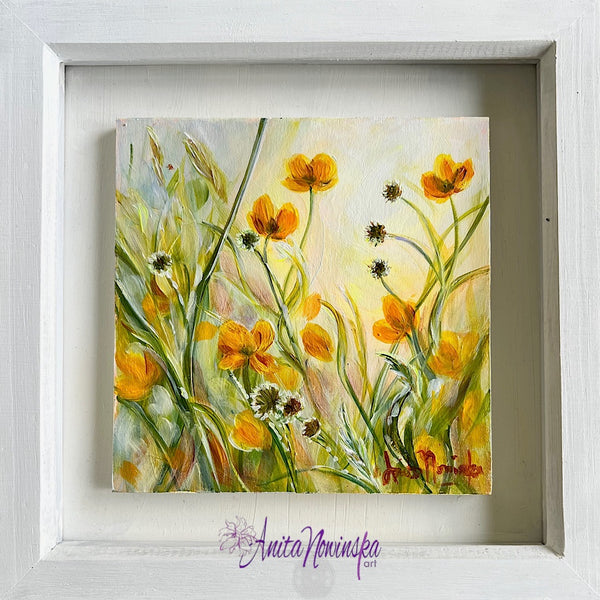 small framed miniature paintings of sunlit butterups in a meadow by Anita Nowinska contemporary art