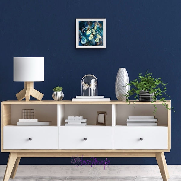 Ghosts is a smal 20cm painting in oil on panel of honesty seed heads against a deep blue backdrop by Anita Nowinska.JPEG