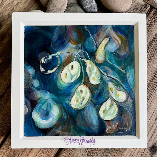 Ghosts is a smal 20cm painting in oil on panel of honesty seed heads against a deep blue backdrop by Anita Nowinska.JPEG