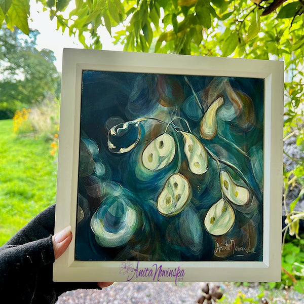 Ghosts is a smal 20cm painting in oil on panel of honesty seed heads against a deep blue backdrop by Anita Nowinska.JPEG