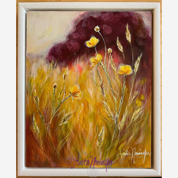 Glint is a small meadow painting with buttercups by anita nowinska art