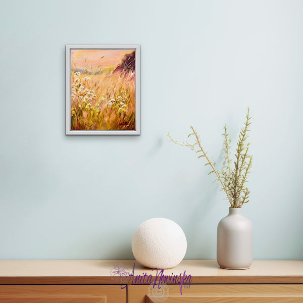 Glow a small framed meadow painting with cow parsley in peach tones by anita nowinska art