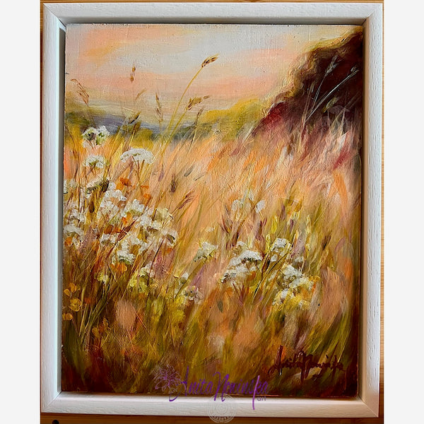 Glow a small framed meadow painting with cow parsley in peach tones by anita nowinska art