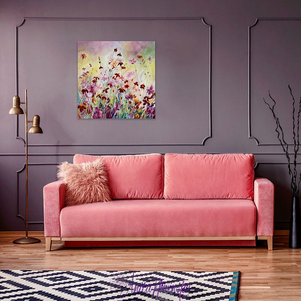 Happy bright flower painting of marigolds & japanese anemones in flower garden meadow by anita nowinska pink gold yellow maroon in pink & lilacroom.JPEG