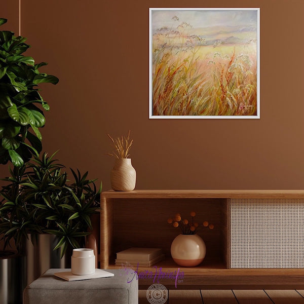 original meadow painting at golden hour by anita nowinska art soft warm tones of peach auburn amber and blue