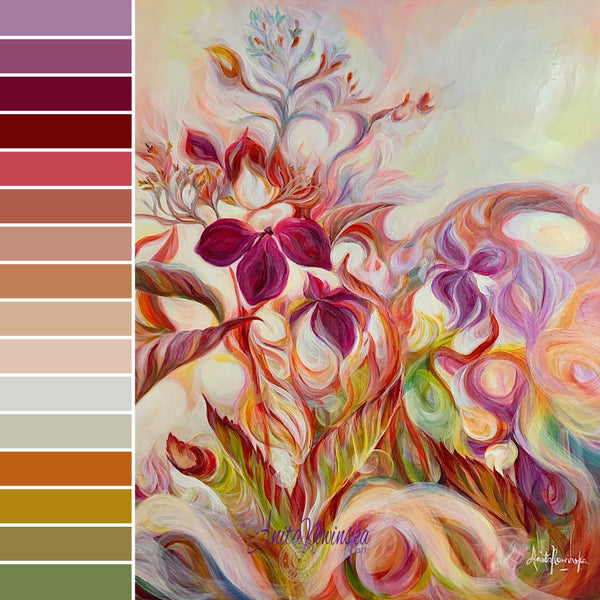 introspection semi abstract flower painting of autumn toned hydrangea by anita nowinska in magenta gold green and burnt orange