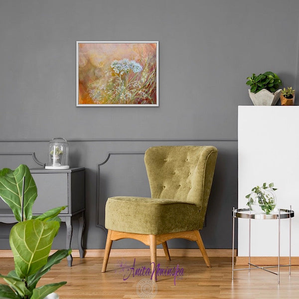 wild flower meadow painting by anita nowinska with cow parsley at golden hour