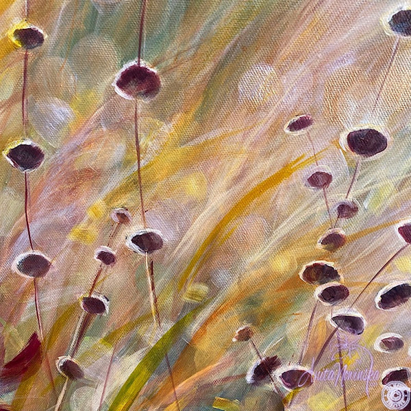 Big canvas painting of golden grasses, seedheads & dappled light with teal background- wall decor art by anita nowinska