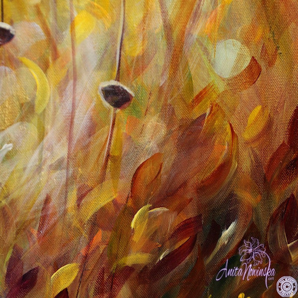 Big canvas painting of golden grasses, seedheads & dappled light with teal background- wall decor art by anita nowinska