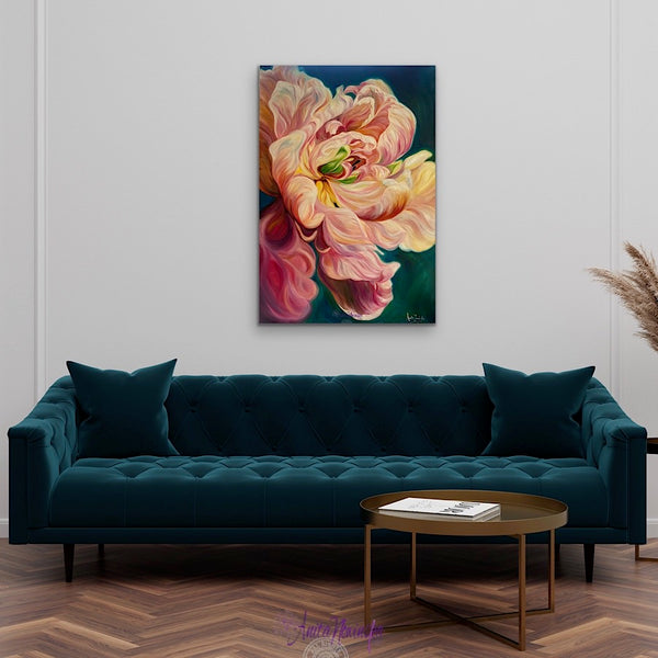 beautiful big flower painting of a le belle epoque tulip in full bloom by anita nowinska with warm gold pink and magenta tones and teal