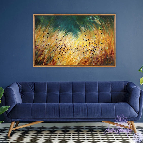 Big canvas painting of golden grasses, seedheads & dappled light with teal background- wall decor art by anita nowinska