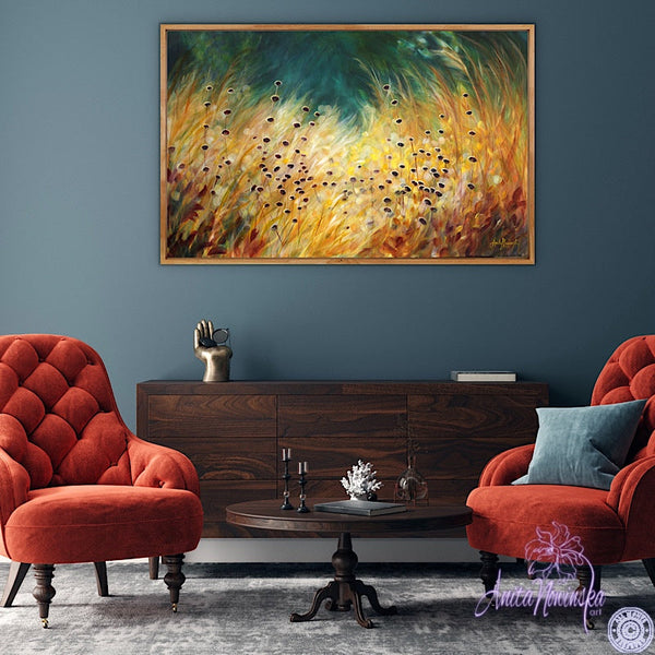 Big canvas painting of golden grasses, seedheads & dappled light with teal background- wall decor art by anita nowinska