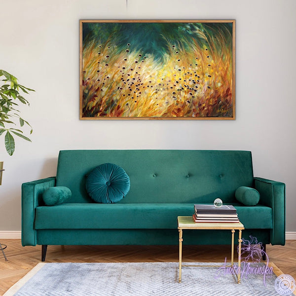 Big canvas painting of golden grasses, seedheads & dappled light with teal background- wall decor art by anita nowinska