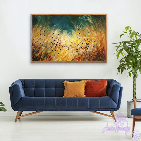 Big canvas painting of golden grasses, seedheads & dappled light with teal background- wall decor art by anita nowinska