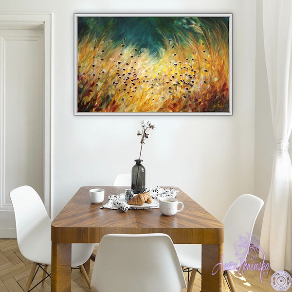 Big canvas painting of golden grasses, seedheads & dappled light with teal background- wall decor art by anita nowinska