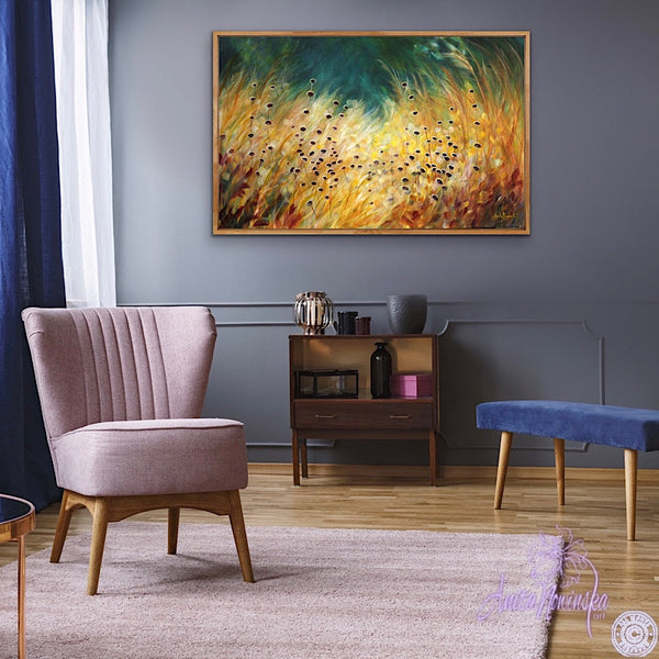 Big canvas painting of golden grasses, seedheads & dappled light with teal background- wall decor art by anita nowinska