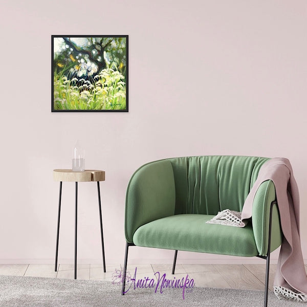Release, a small meadow painting in greens with cow parsley & dappled light by anita nowinska