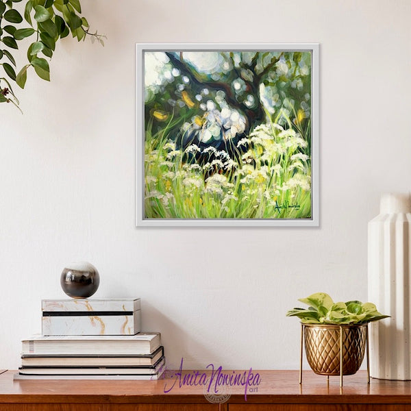Release, a small meadow painting in greens with cow parsley & dappled light by anita nowinska
