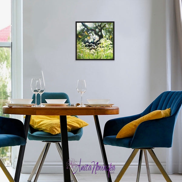 Release, a small meadow painting in greens with cow parsley & dappled light by anita nowinska