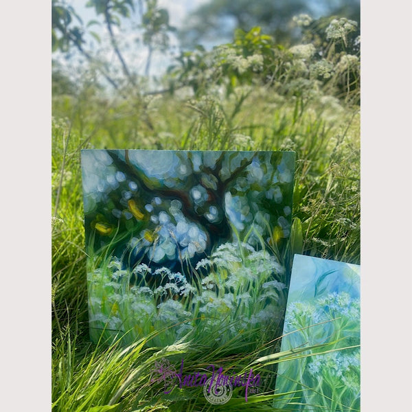 Release, a small meadow painting in greens with cow parsley & dappled light by anita nowinska