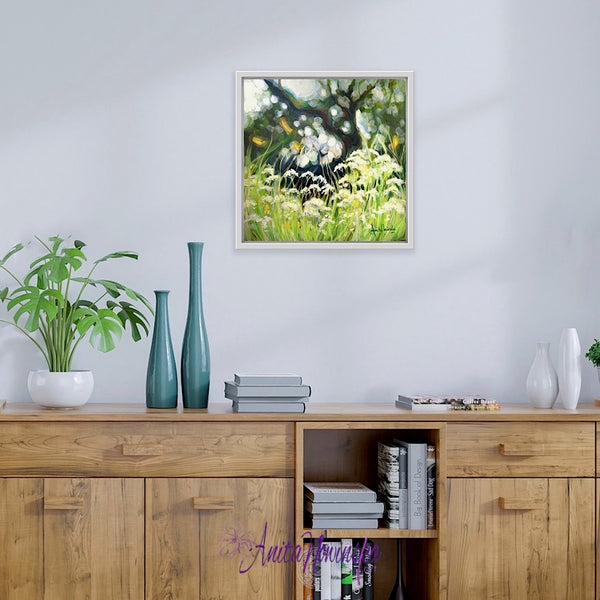 Release, a small meadow painting in greens with cow parsley & dappled light by anita nowinska