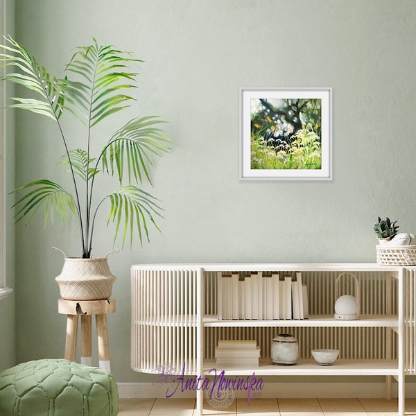 Release, a small meadow painting in greens with cow parsley & dappled light by anita nowinska