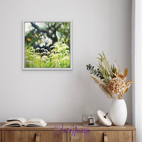 Release, a small meadow painting in greens with cow parsley & dappled light by anita nowinska