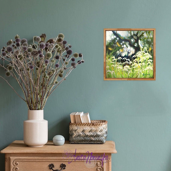 Release, a small meadow painting in greens with cow parsley & dappled light by anita nowinska