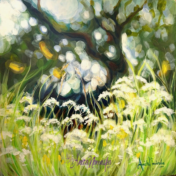 Release, a small meadow painting in greens with cow parsley & dappled light by anita nowinska