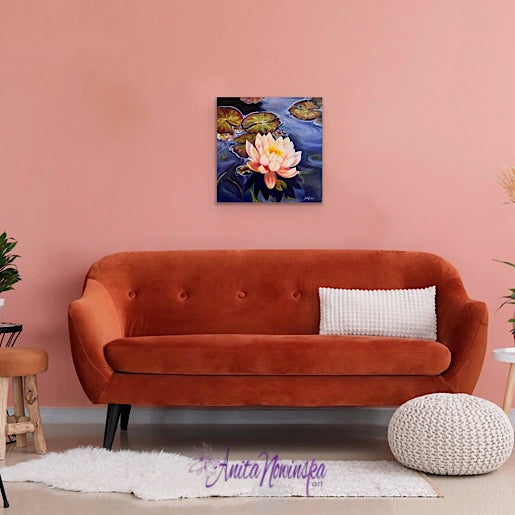 Revival- original oil painting of waterlily on a pond by Anita Nowinska Contemporary Art