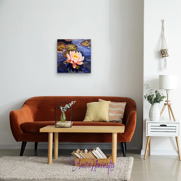 Revival- original oil painting of waterlily on a pond by Anita Nowinska Contemporary Art