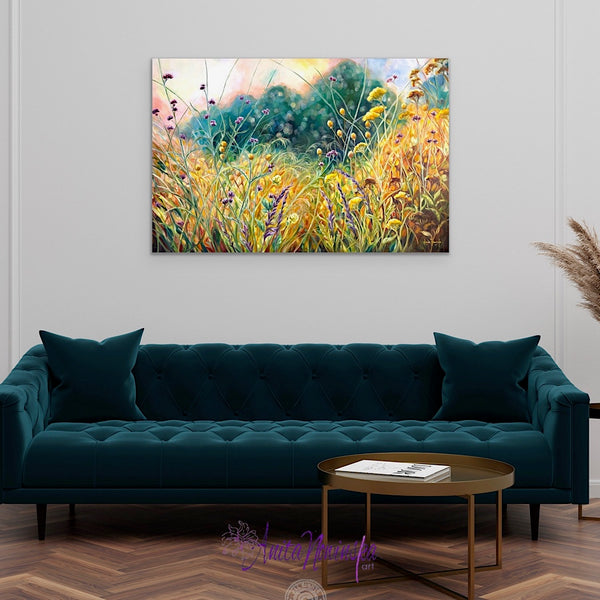 Ris is a big oil on canvas garden painting in gold, yellow, Teal & purple by Anita Nowinska art.