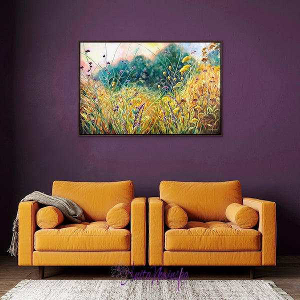 Ris is a big oil on canvas garden painting in gold, yellow, Teal & purple by Anita Nowinska art.