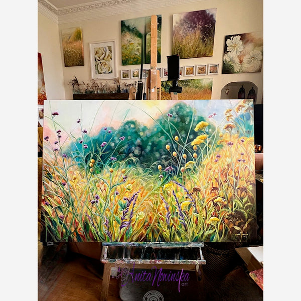 Ris is a big oil on canvas garden painting in gold, yellow, Teal & purple by Anita Nowinska art inartists studio