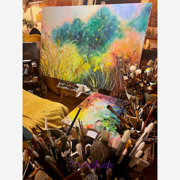 Ris is a big oil on canvas garden painting in gold, yellow, Teal & purple by Anita Nowinska art in progress