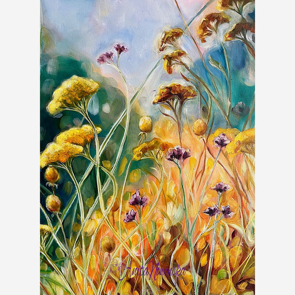 Ris is a big oil on canvas garden painting in gold, yellow, Teal & purple by Anita Nowinska art detail